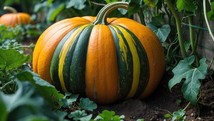 Pumpkin Developing in a Vegetable Garden