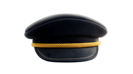 Black pilot cap with yellow trim isolated on transparent background for aviation uniform or career concept