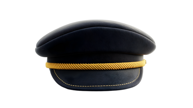 Black pilot cap with yellow trim isolated on transparent background for aviation uniform or career concept