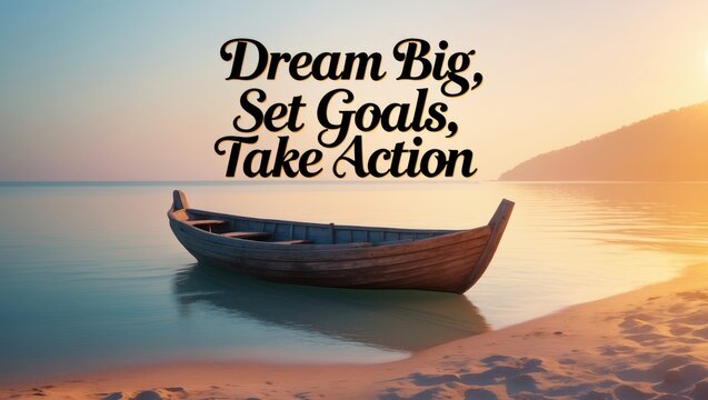Inspirational motivational quotes featuring a boat on the beach. Dream big, set goals, take action.