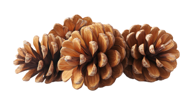Brown pine cones isolated on transparent background for seasonal decoration and natural forest concept