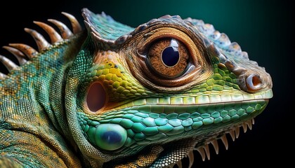 Fototapeta premium Close-up of a lizard’s eye reflecting its surroundings on a shiny surface. Detailed, vibrant, and macro, perfect for wildlife, nature, and reptile-themed projects.