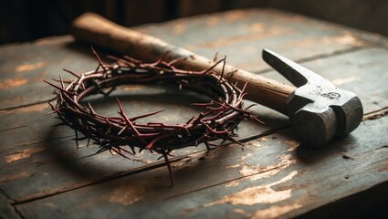 Crown of thorns and hammer resting on a wooden surface.