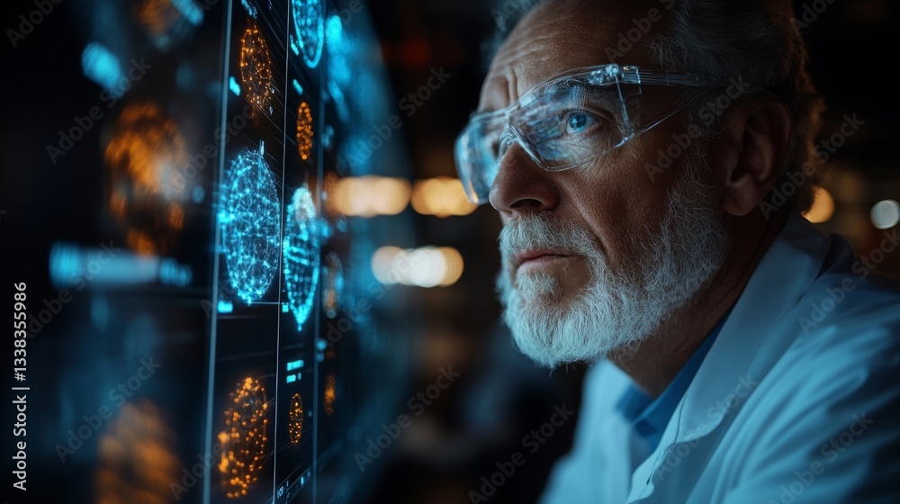 Poster A scientist observes complex quantum models illustrating superposition and entanglement in a laboratory environment, demonstrating advanced research techniques and simulations.