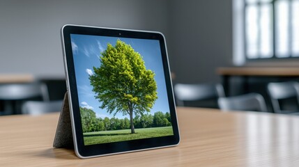 Fototapeta premium Augmented Reality Tablet Displaying Nature Scene in Classroom Setting on Desk Surrounded by Empty Chairs and Tables