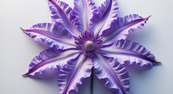 Closeup of purple clematis flower isolated on a white background. Star-shaped bloom features lavender-colored petals.