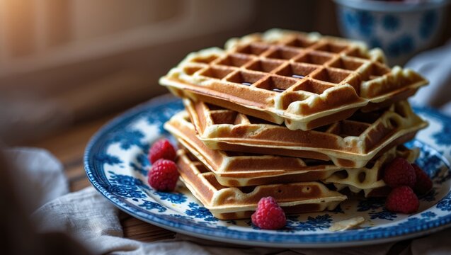 Homemade waffles presented on a plate. Selective focus. High-quality image.