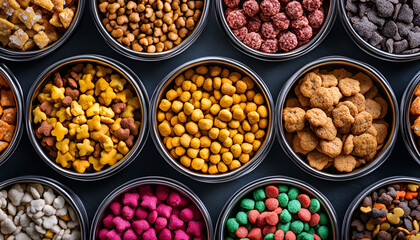 Variety of canned wet and dry packaged cat food arranged in metal bowls. Concept of pet nutrition, balanced diet, feline health, feeding routine, and quality ingredients. Top view