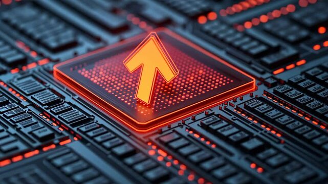 A glowing red upload arrow on a futuristic circuit board, symbolizing cloud computing, data transfer, and digital progress. Represents speed, cybersecurity, and advanced technology