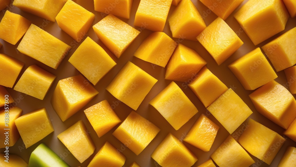 Poster cubed mango backdrop, close-up view from above