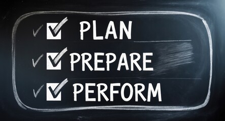 Handwritten words "plan," "prepare," and "perform" on a chalkboard featuring marked checkboxes.