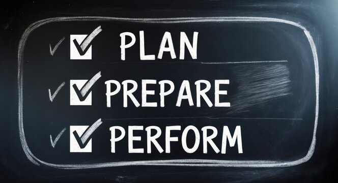 Handwritten words "plan," "prepare," and "perform" on a chalkboard featuring marked checkboxes.