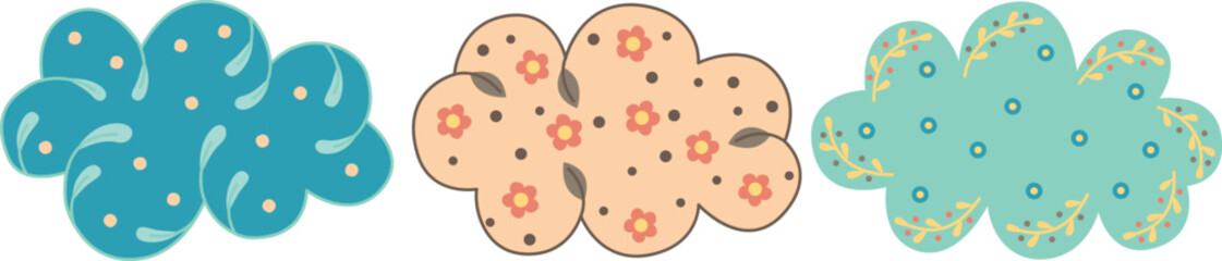 Set of three decorative clouds isolated on white. Cute elements with floral ornament in bohemian style	