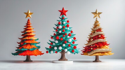 Collection of three Christmas trees painted with a brush on a white isolated background.
