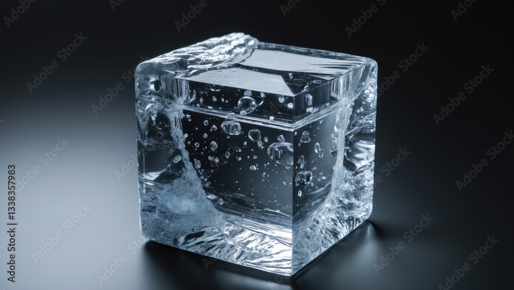 Poster crystal clear frosty textured natural ice cube featuring cracks on a reflective surface.
