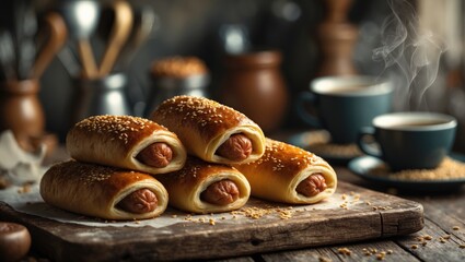 Homemade sausages wrapped in dough on a wooden surface, fast food, close-up shot.