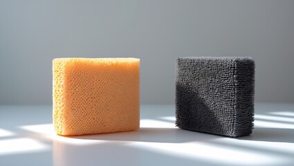 An orange washcloth and a textured washcloth positioned on a white background at the center of the image. A tool for continual dishwashing and household cleaning. The idea of cleanliness and organi...