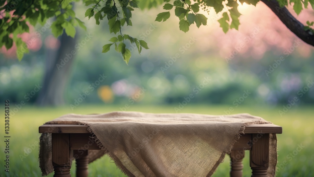 Poster nature backdrop with wooden table for product display template, vacant wooden table and sack tablecl