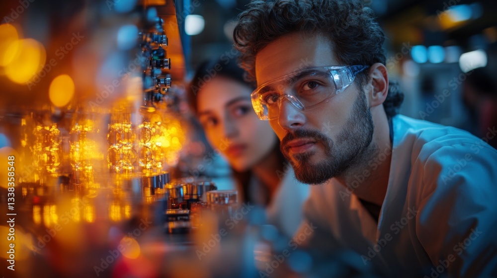 Poster Researchers are investigating the principles of quantum mechanics, focusing on qubit behavior, superposition, and entanglement at a high-tech lab equipped with advanced simulation tools.