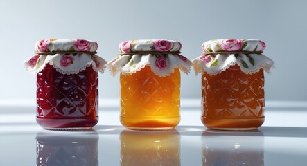Homemade jam in glass canning jars, isolated on a white background.