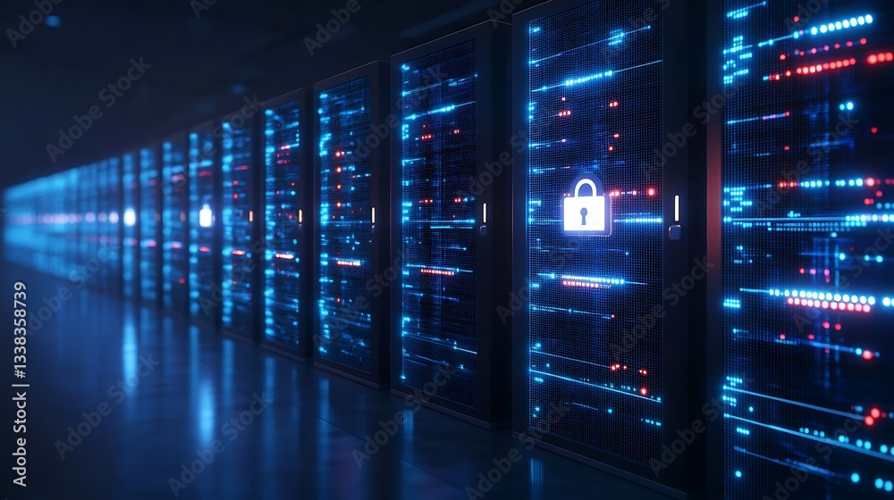 Poster futuristic data center with high-tech server racks and security features in digital environment