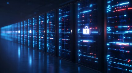 Futuristic Data Center with High-Tech Server Racks and Security Features in Digital Environment
