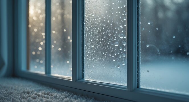Close-up of a double-glazed window door showing condensation caused by high moisture levels in the house during winter, which occurs when the seal between the panes is compromised or the desiccant ...