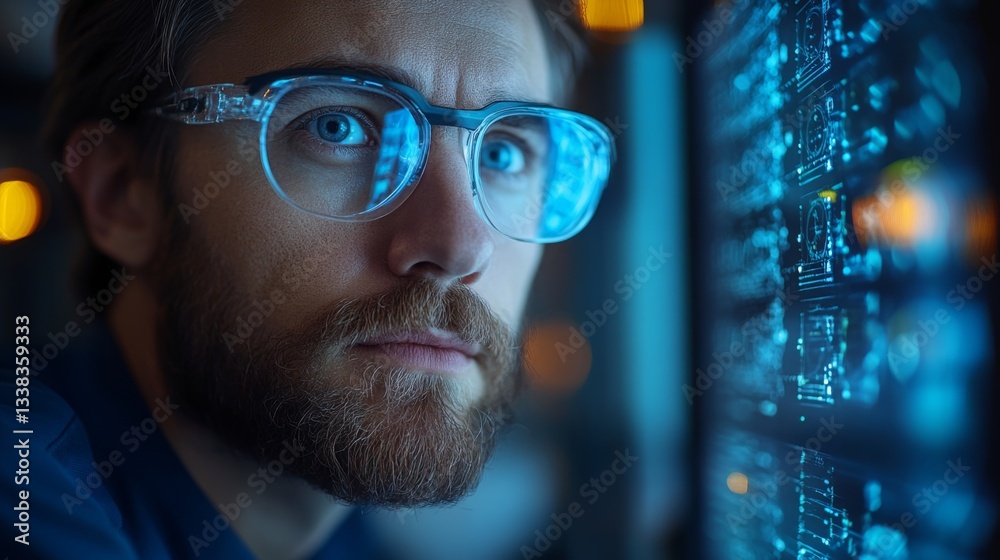 Poster Engaged in deep focus, a professional studies quantum algorithms and their applications in neural networks against a backdrop of digital data.