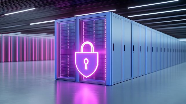 Futuristic Data Center with Neon Lock Symbol Representing Cybersecurity and Data Protection Concepts