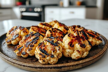 A plate of perfectly grilled cauliflower steaks, showcasing caramelized edges and tender centers, offering a delicious and healthy vegetarian or vegan culinary experience.