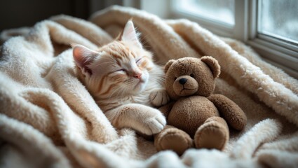 Ginger kitten dozing on a soft blanket while cuddling with a teddy bear. A kitten sleeps peacefully next to a toy in a cozy cat bed.