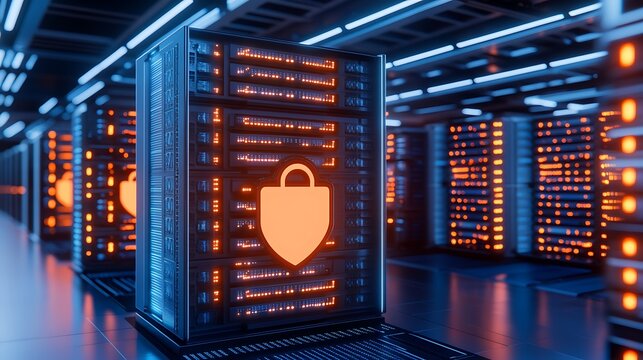 Futuristic Data Center with Secure Server Racks Featuring Lock Icon and Blue Neon Lights in High-Tech Environment