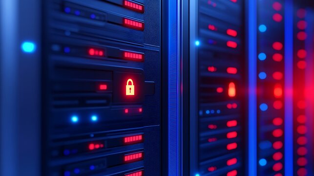 Futuristic Data Center with Secure Servers, Red and Blue Lights, and Digital Lock Symbols