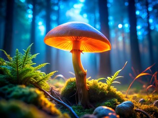 Glowing orange mushroom, bioluminescent fungi, dark forest floor, ethereal blue background
