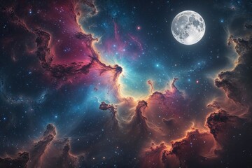Fototapeta premium Stunning Cosmic Nebula Colors and Enchanting Moonlit Galactic Landscape