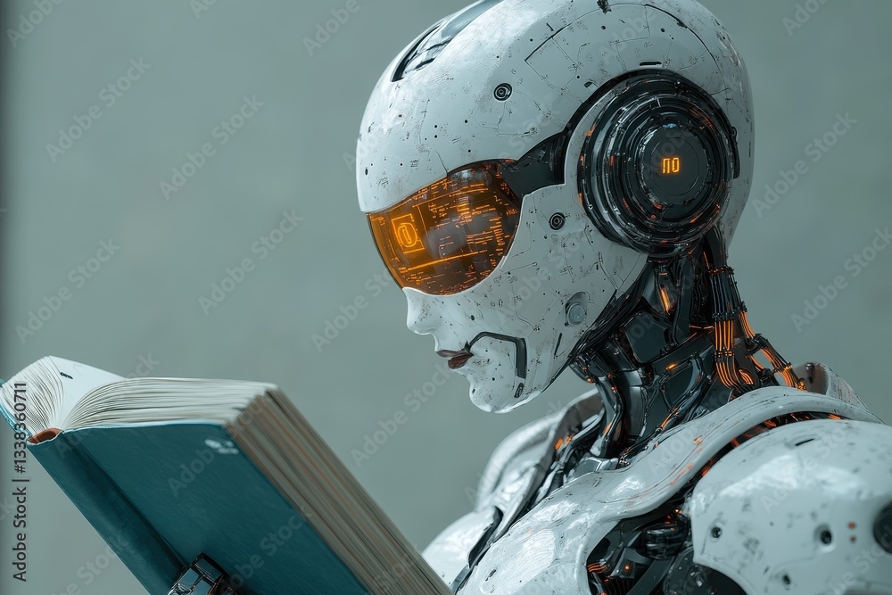 Poster robot reading a book in a futuristic environment while showcasing advanced technology and design at 