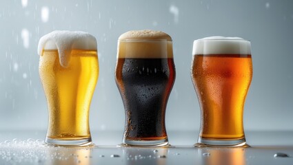 Collection of three distinct beer glasses on a background. Clipping paths.