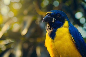 Vibrant tropical bird, blue and yellow feathers, close-up portrait, sunlit forest background, bokeh effect, shallow depth of field