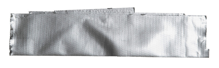 A Strip of Silver Duct Tape in White Background, Neutral Surface, Displaying Its Shiny, Textured...