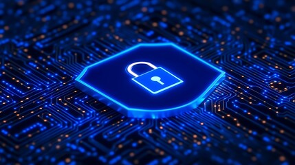 Futuristic Digital Lock Icon on Circuit Board Background Representing Cybersecurity and Data Protection