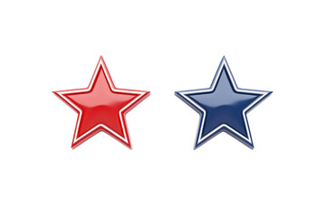 Obraz premium Two glossy stars, one red and one blue, are displayed side by side on transparency background, symbolizing contrast and balance