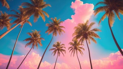 Coconut palm trees on a sunny day - Tropical summer breeze vacation concept, Color tone effect.
