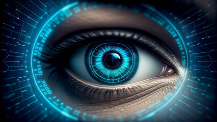 Self-Learning AI concept. A close-up of a futuristic, blue digital eye surrounded by glowing circuits, symbolizing technology and vision.