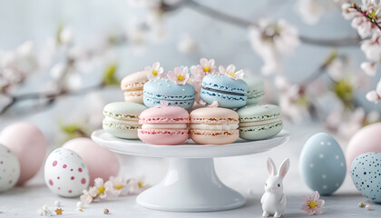 Obraz premium Cheerful springtime easter sweets display with pastel macarons and decorative bunnies - a minimalistic celebration of festive treats