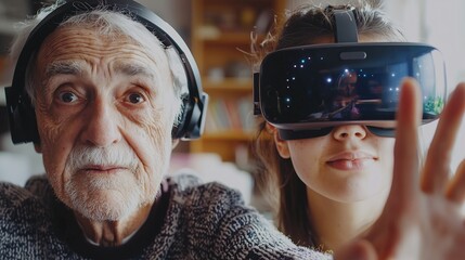 Older person streaming with headphones, split-screen with vr headset user, symbolizing tech bridging generations.