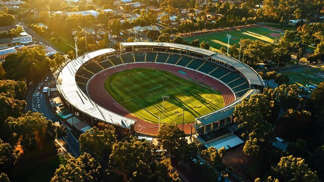 An aerial view of a stadium at sunset reveals an urban sports venue, ideal for outdoor activities, with its illuminated field drawing athletes and fans for unforgettable experiences