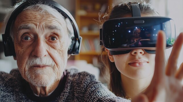 Older person streaming with headphones, split-screen with vr headset user, symbolizing tech bridging generations.