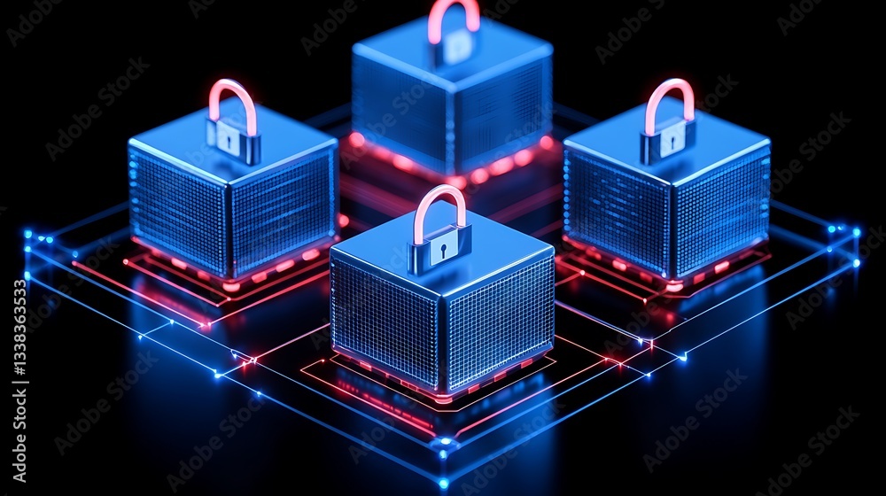 Poster futuristic digital security concept with lock symbols on boxes and network connection lines