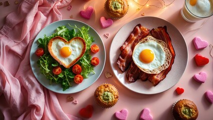 Couple's breakfast on pink backdrop, viewed from above
