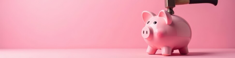 Pink background, piggy bank smashed by hammer , broke, loss